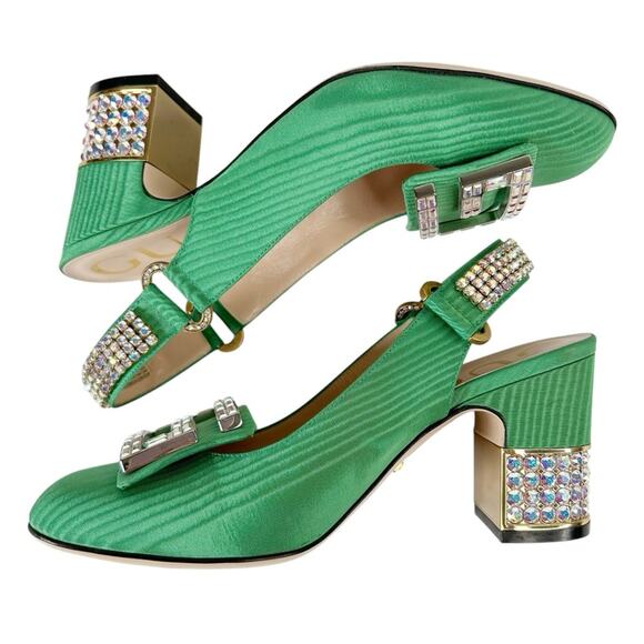 GUCCI Madelyn Crystal Square G Embellished Silk Satin Slingback Heels - Picture 5 of 11